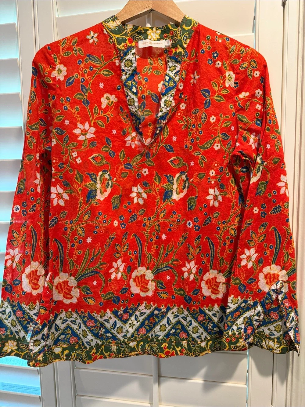 Tory Burch Orange Floral V-Neck Printed Blouse